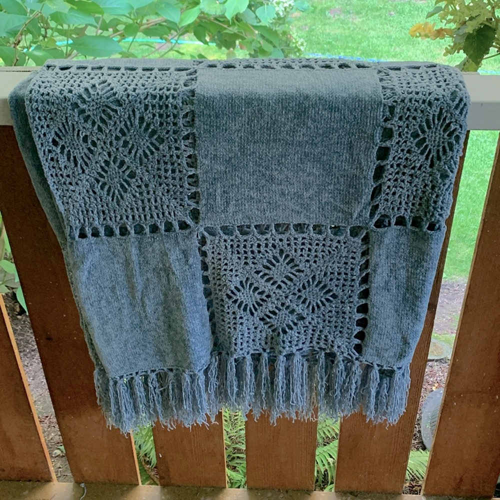 Baby Blue Soft Knit Crocheted Fringed Throw
